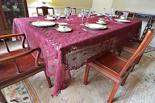 Festive Crochet Tablecloth. Merlot color. 70x120"